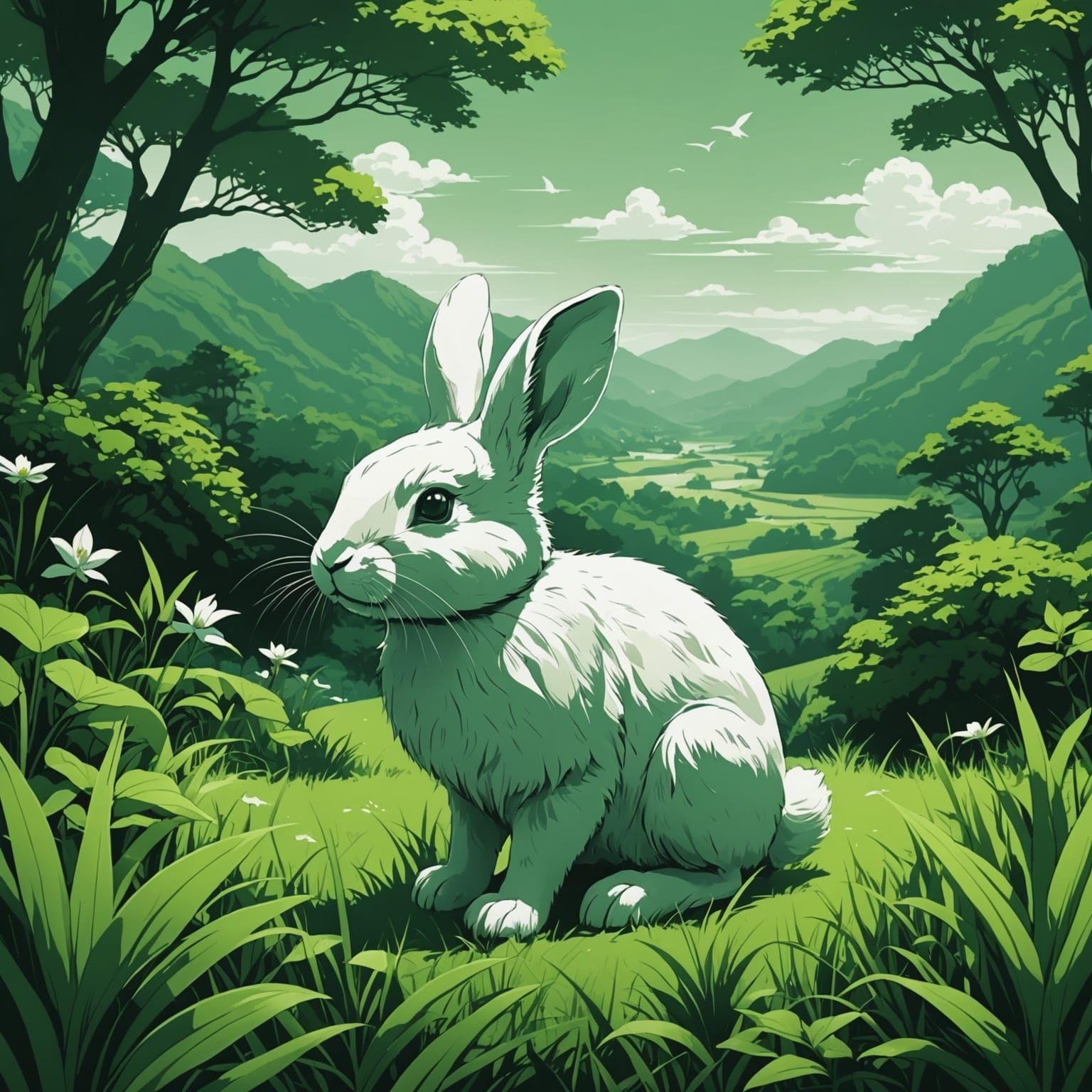 Anime Rabbit in Green Monochrome