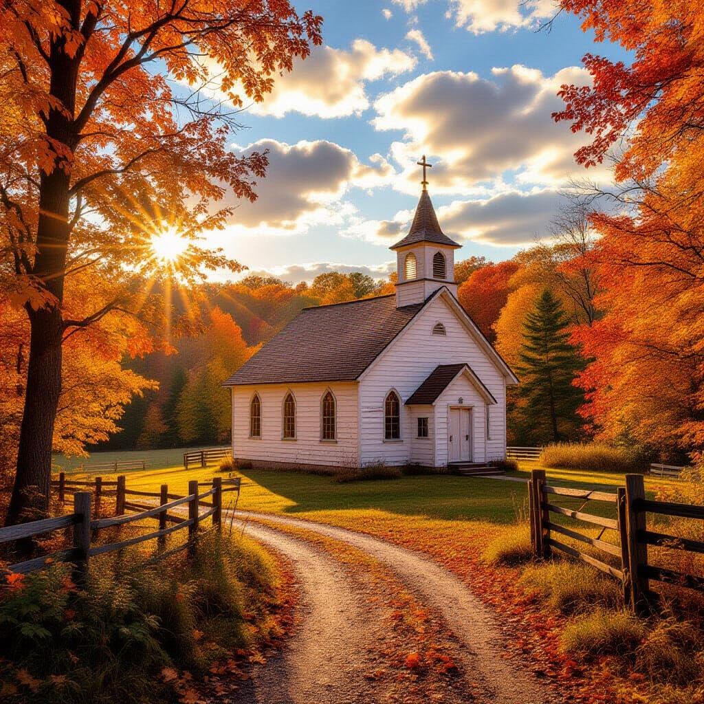 Rustic Country Church in Autumn Sunlight