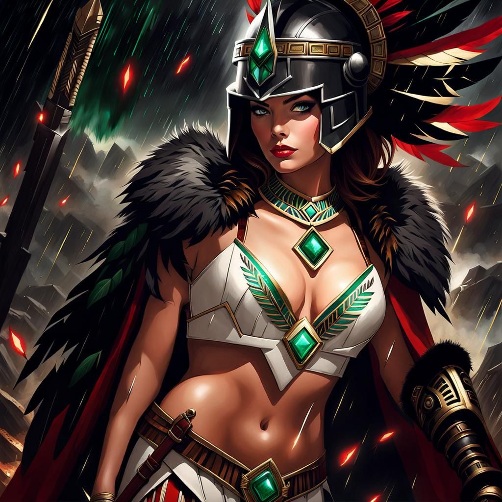 Woman in Cybernetic Armor with Aztec Headdress