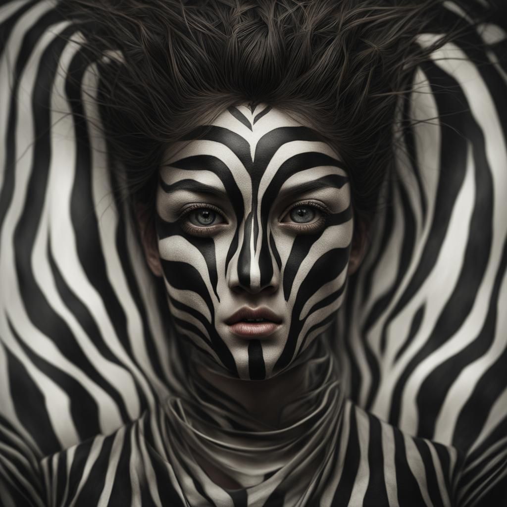 Zebra Woman Portrait in Detailed Mixed-Media