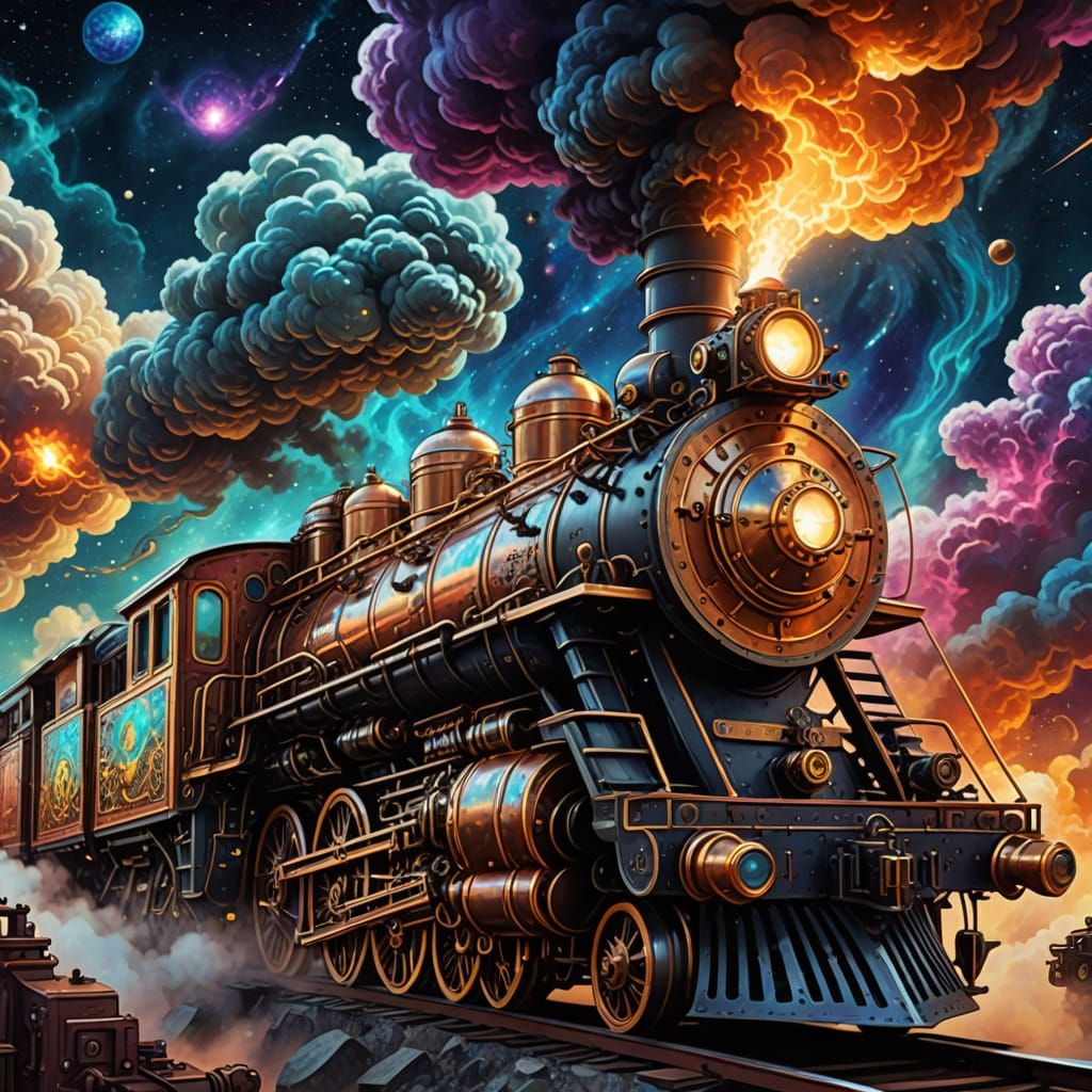 Celestial Steampunk Locomotive Steaming Through the Universe