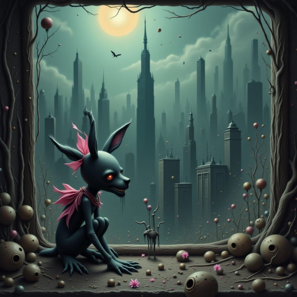 <lora:Fantasy 7:1.0> A plush bunny toy, its once-cute stitched smile replaced with sharp, menacing teeth and its paws el...