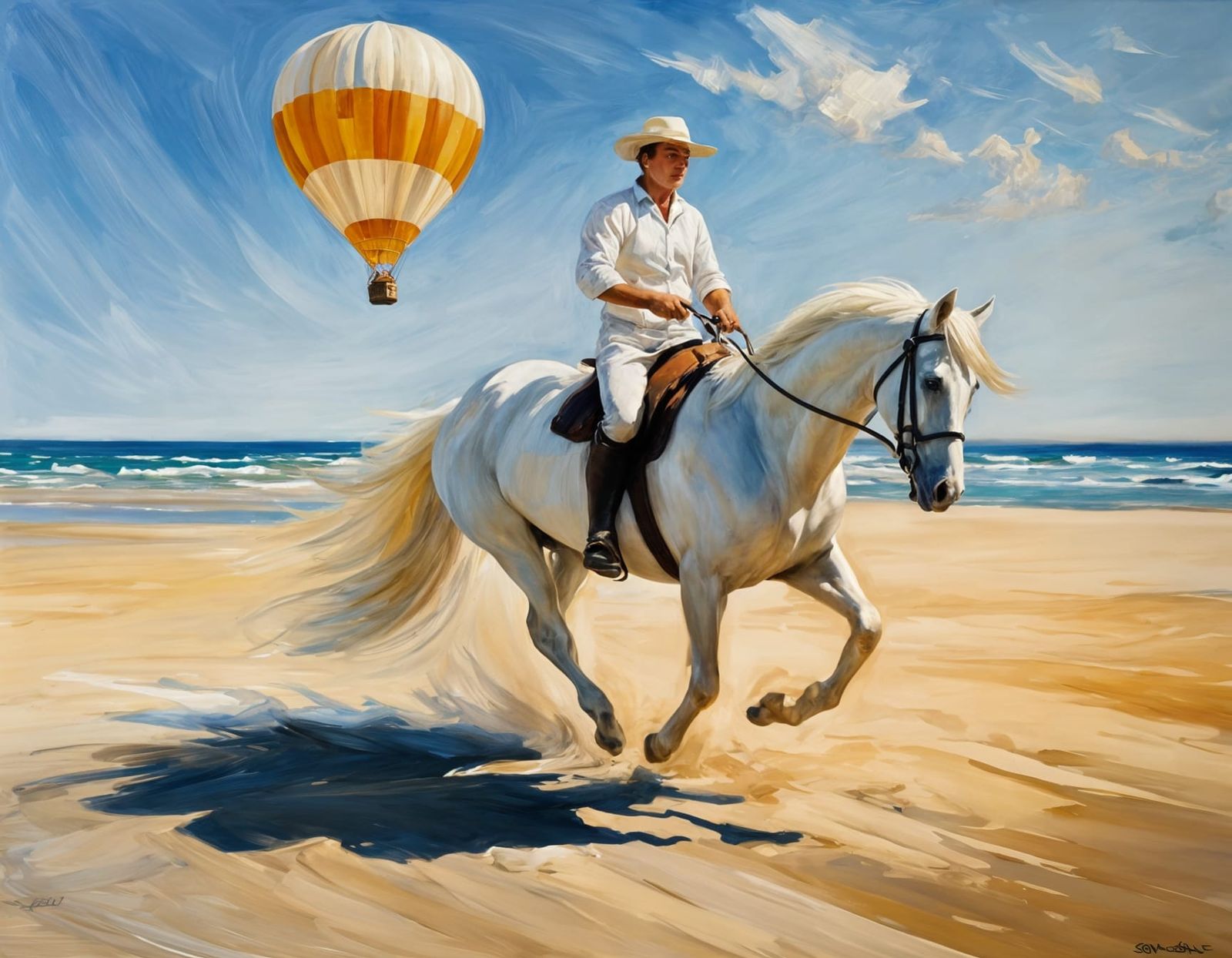 White Horse Gallops on Beach in Sorolla Style