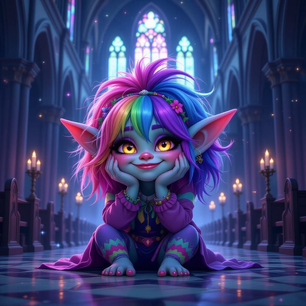 Rainbow Troll in Gothic Cathedral, Photorealistic Style