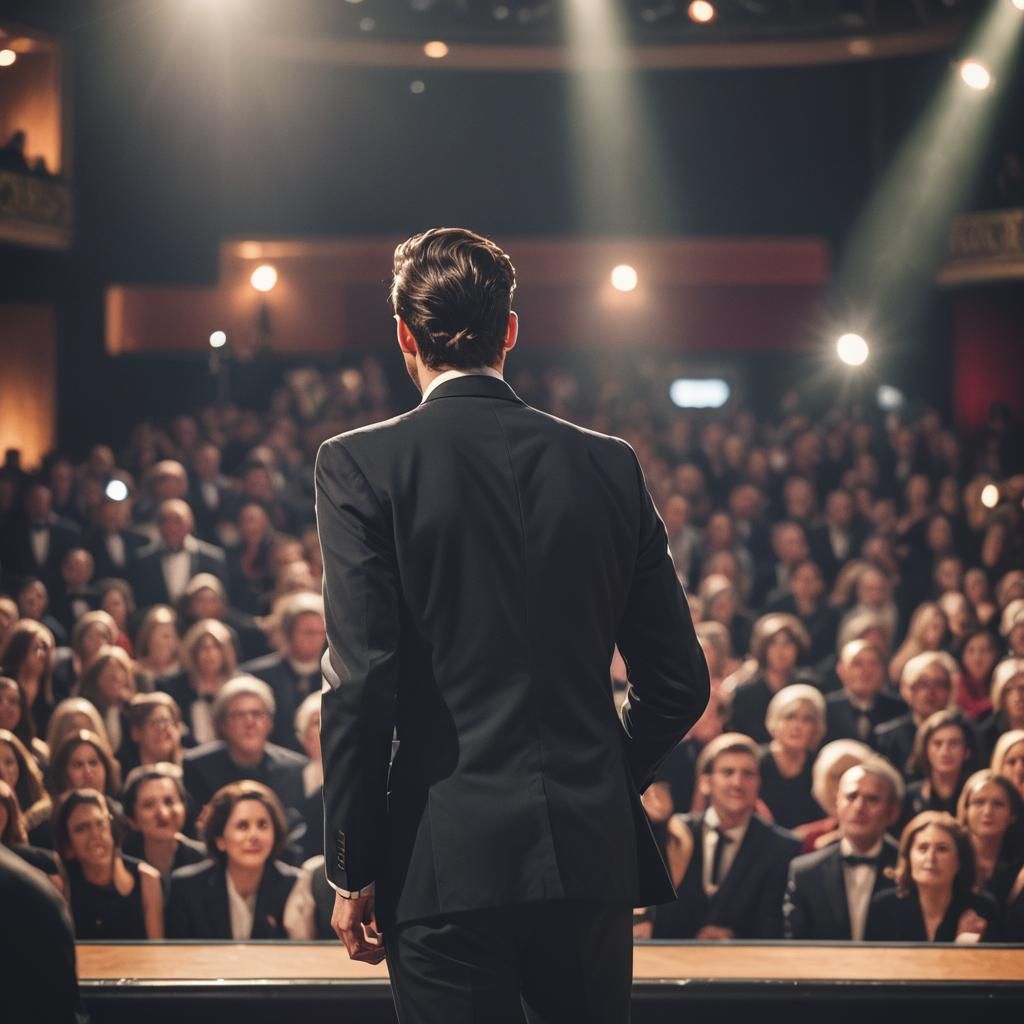 A tall, slim Italian crooner in a large theatre, seen almost from behind in an over-the-shoulder angle wearing a tailore...