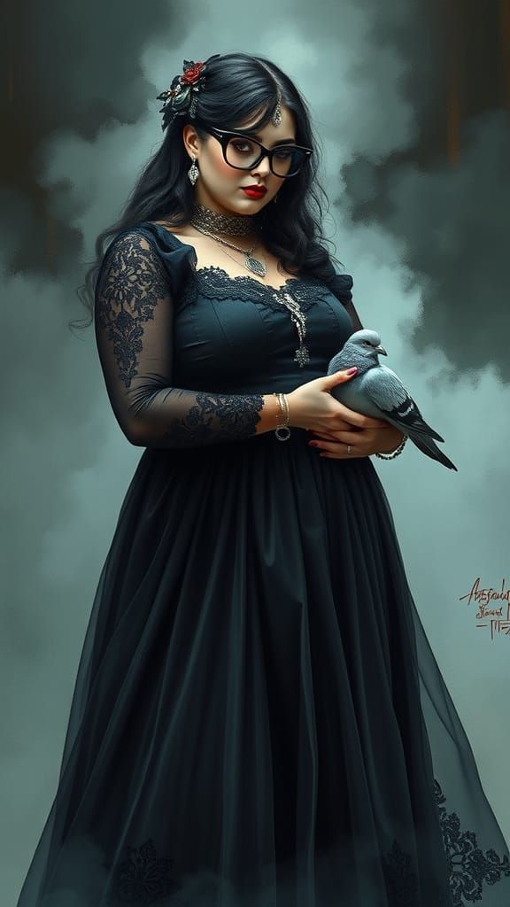 Goth Woman with Pigeon in Neo-Noir Style