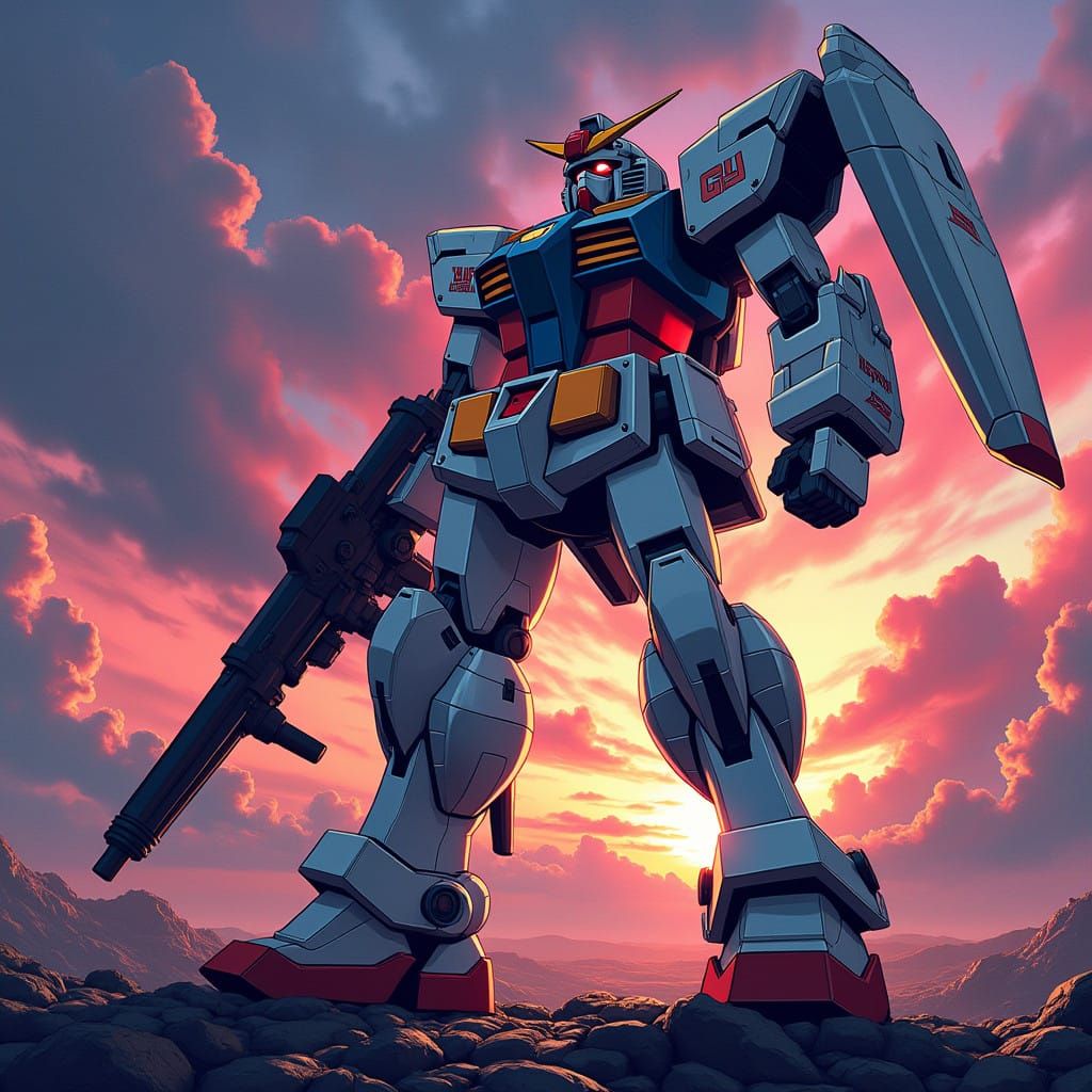 Majestic Flat-Colored Gundam in Anime-Inspired Action