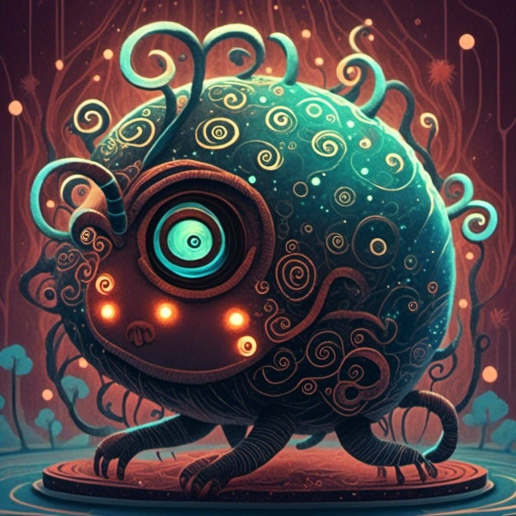 Whimsical Circuit Creature on Bioluminescent Motherboard