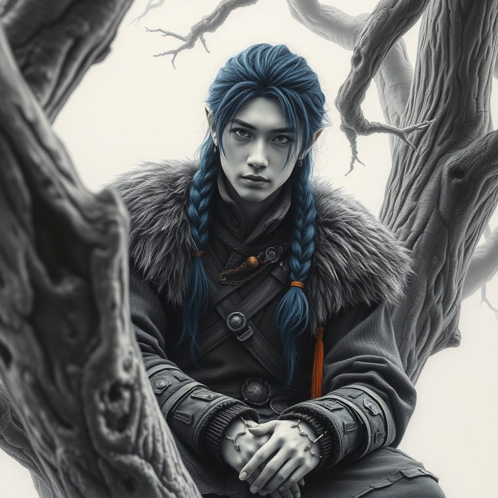 Cyberpunk-Infused Charcoal Portrait of a Medieval Elf Ranger