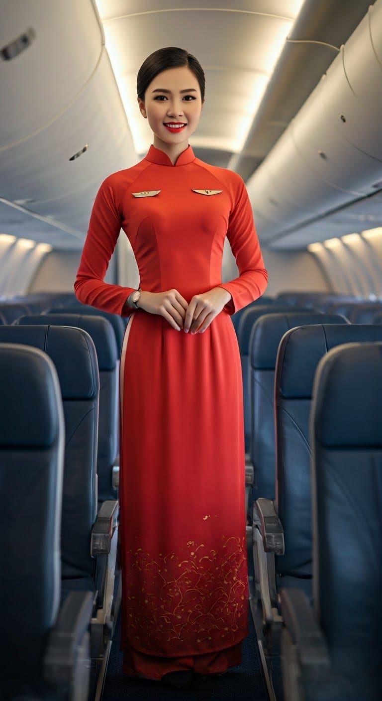 Stunning Vietnamese Flight Attendant in Elegant Uniform