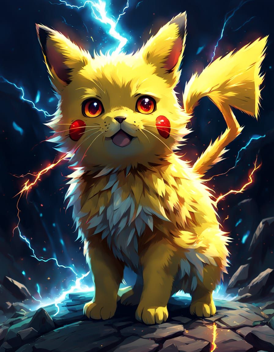 Whimsical Anime Kitten Pikachu with Lightning Bolt Tail