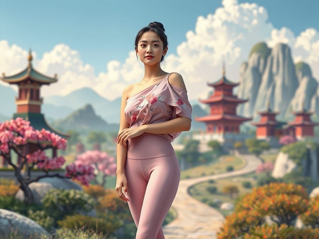 Woman Contemplates Buddhism in Serene Eastern Landscape