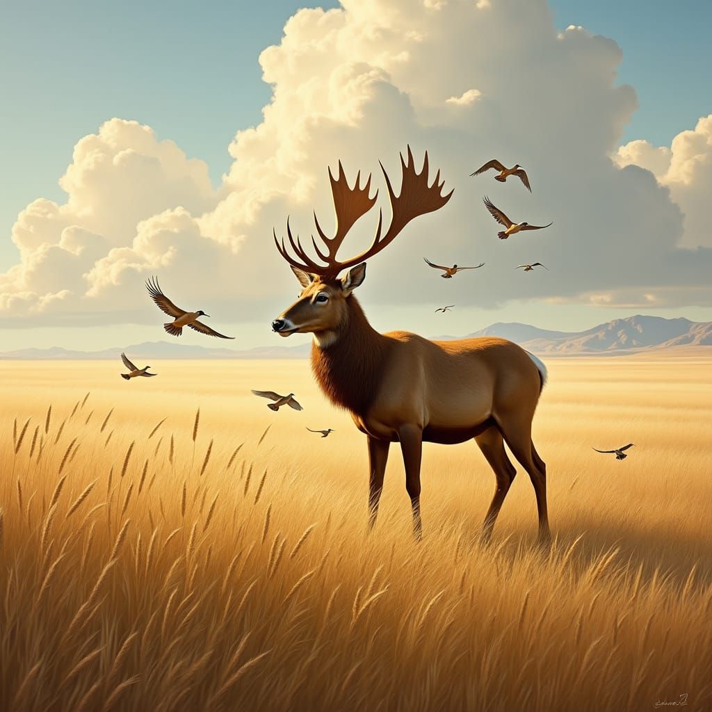 Majestic Stag in Wheat Field, Landscape Painting