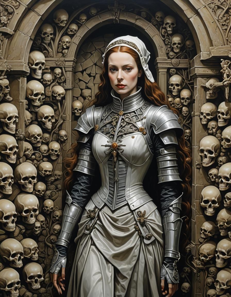 Grisaille Woman in Catacombs, Surrealist Oil Painting