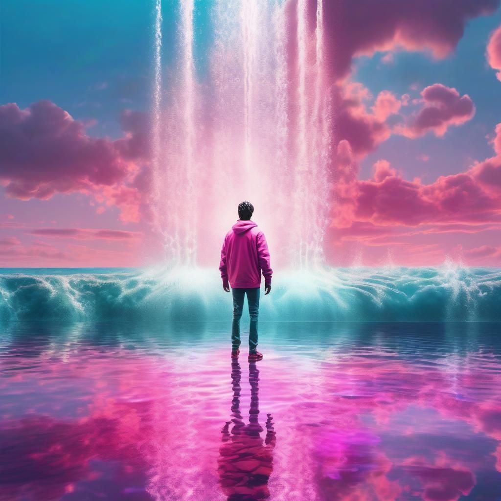 Person on Glass Ocean with Water Fountain