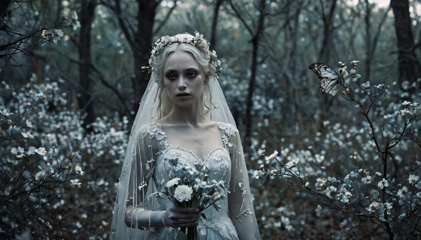 Ethereal Ghost Bride Portrait in Moonlit Forest