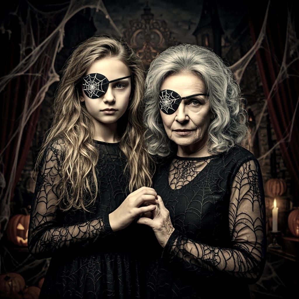 Eerie Halloween Family Portrait in Spiderweb Dresses