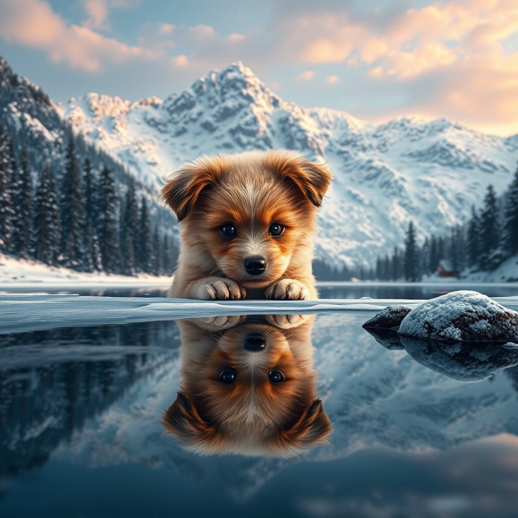 Adorable Puppy Gazing at Winter Wonderland Landscape