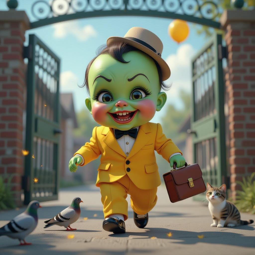 Grotesque Baby Character Skipping to School, Cinematic Illus...