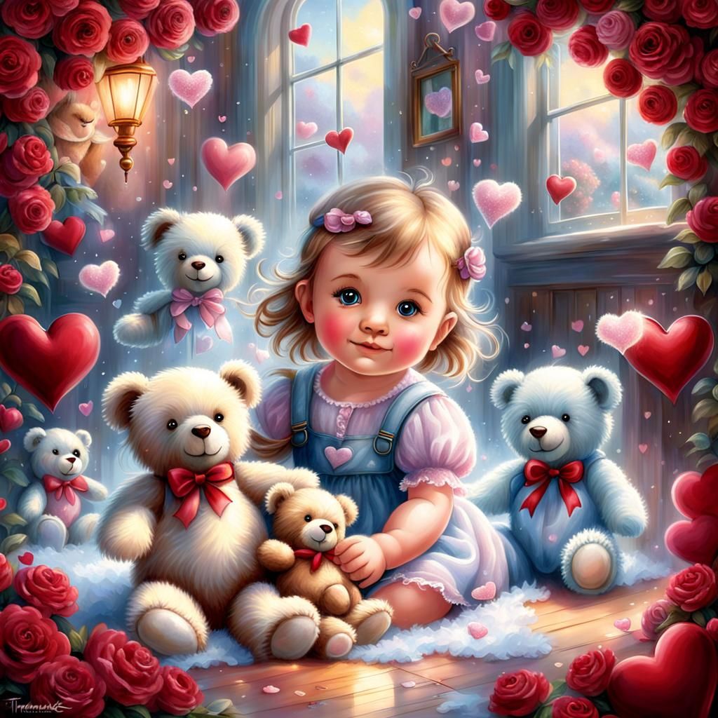 Happy Baby Girl Playing with Teddy Bears: Ethereal Fantasy