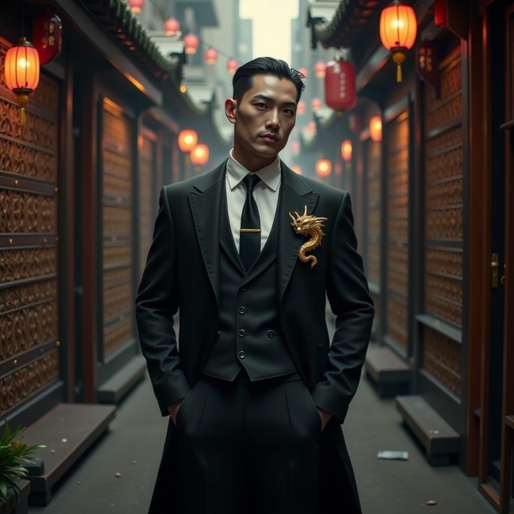 Elegant Chinese Triad Figure in 1920s Shanghai Alleyway