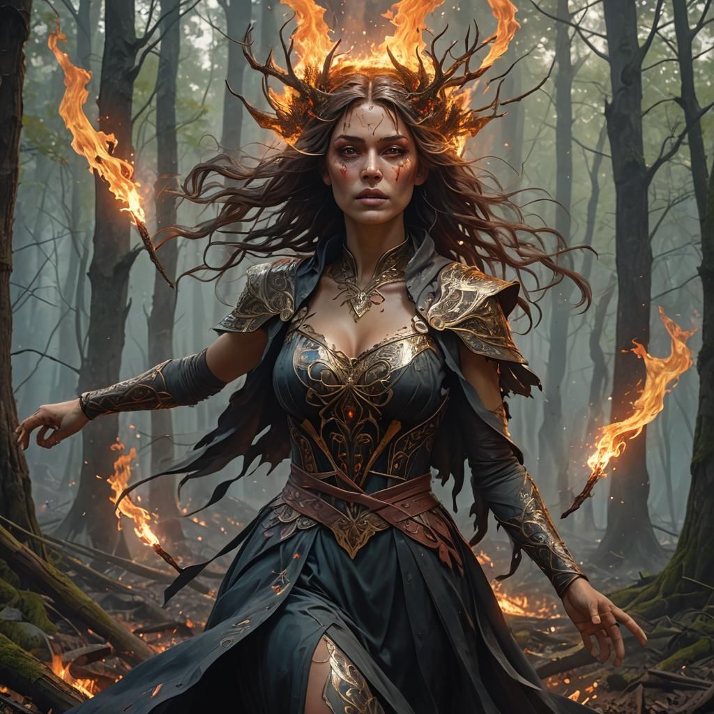 Fiery Woman Rising: Forest Ritual in Digital Art