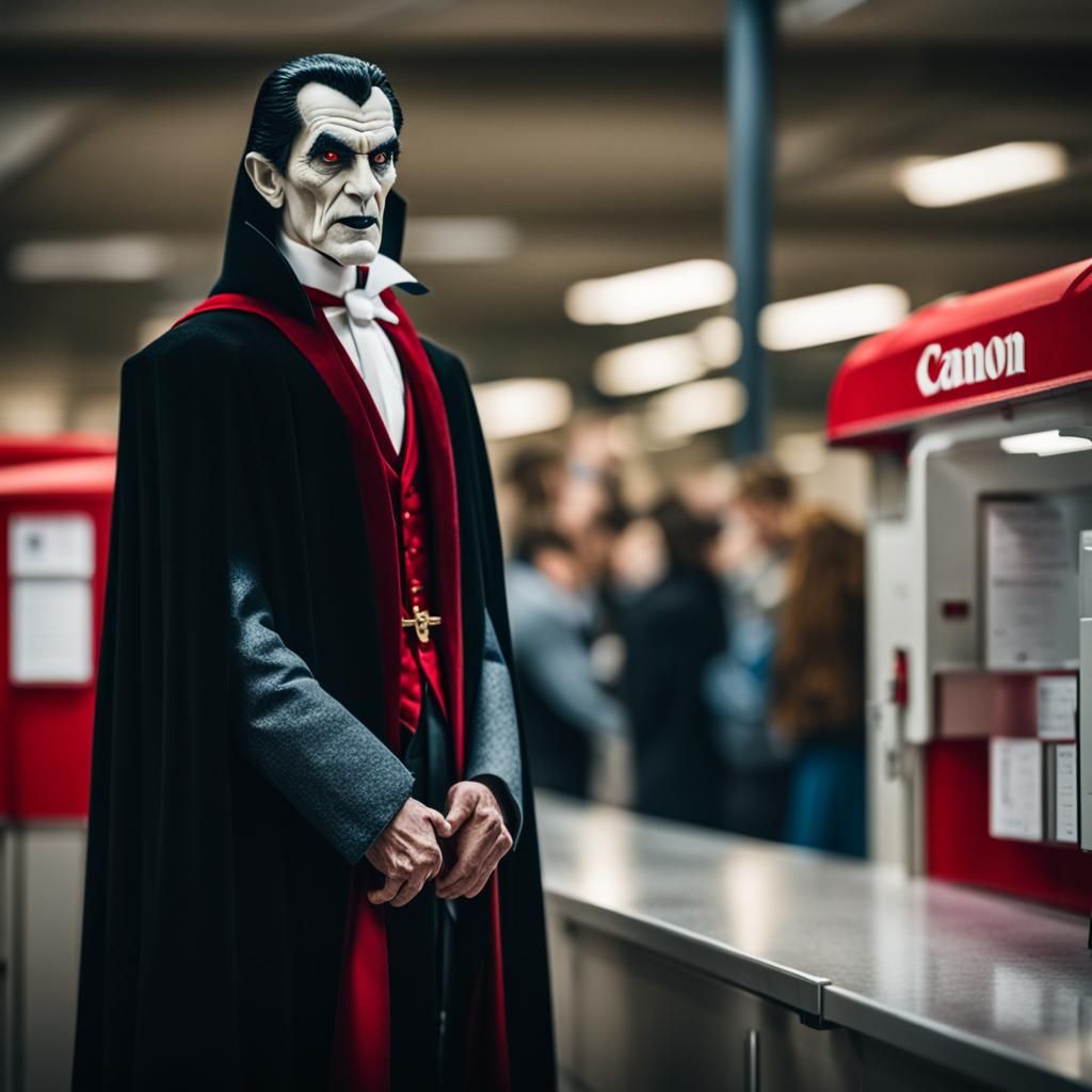 Dracula stands in line at the post office
