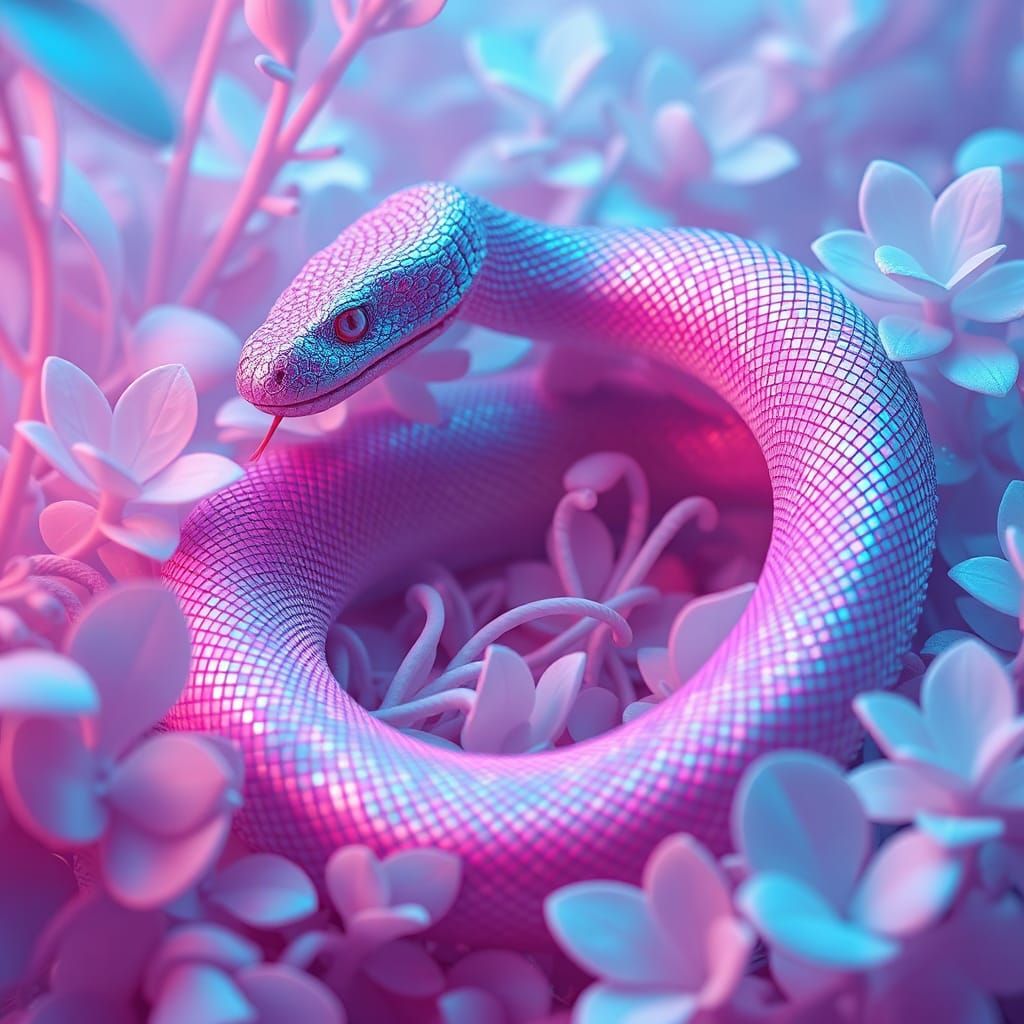 Pastel Serpent Coiled in Ethereal Foliage, Digital Art