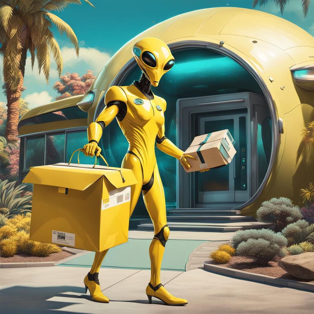 Retro-Futuristic Alien Delivery in Hyperrealistic Style
