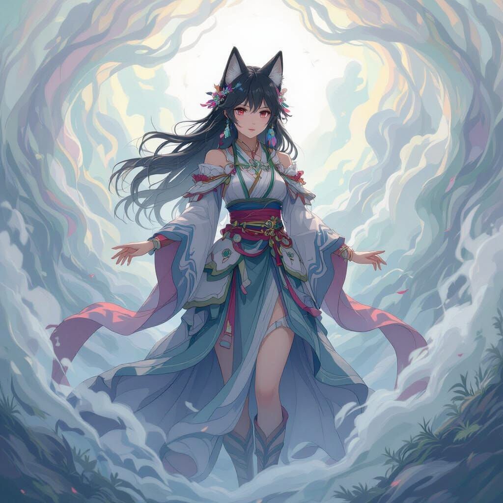 Anime Wolf Girl in Swirling Mist: Pastel Art