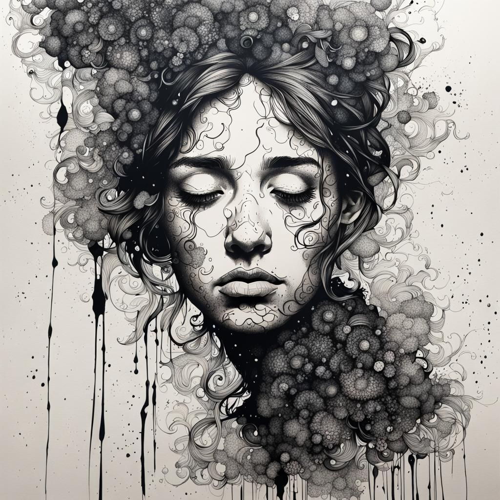 Intricate Ink Portrait of Sadness in Line Art