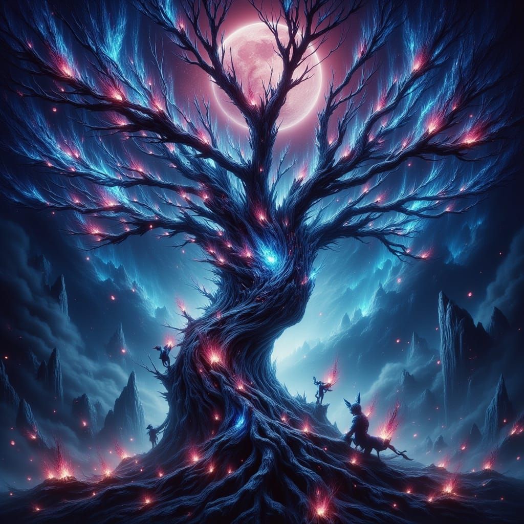 Cosmic Goddess Tree with Rainbow Leaves and Fairies