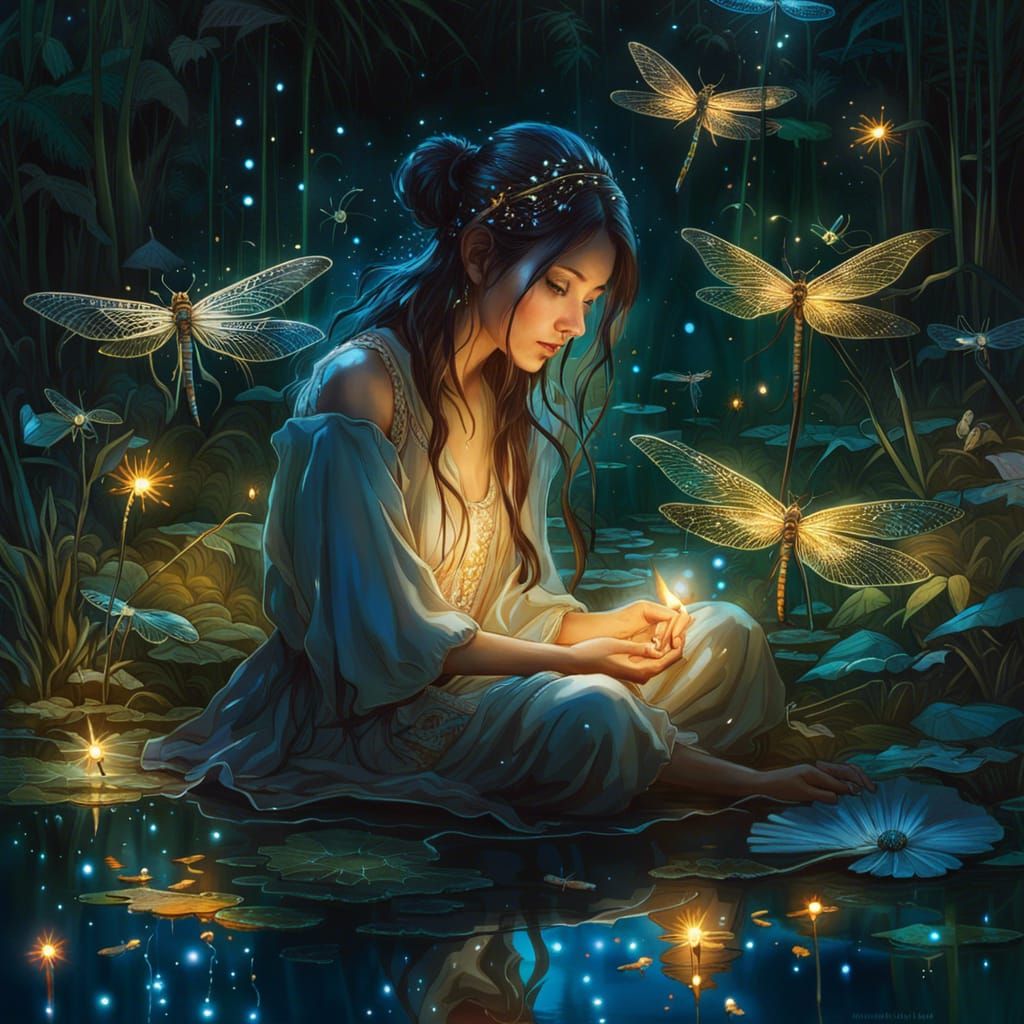 Girl Mesmerized by Dragonflies Near Magical Pond