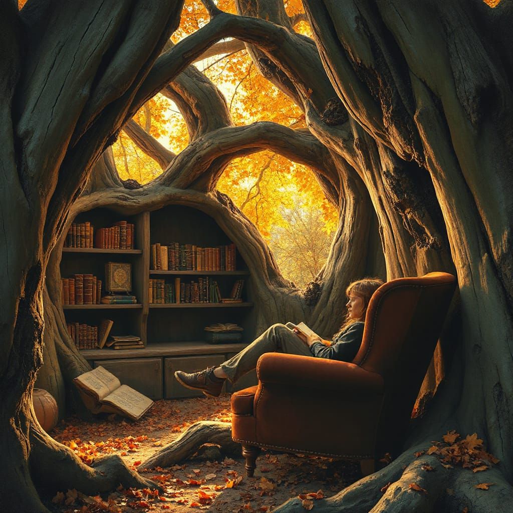 Cozy Reading Nook in Ancient Tree