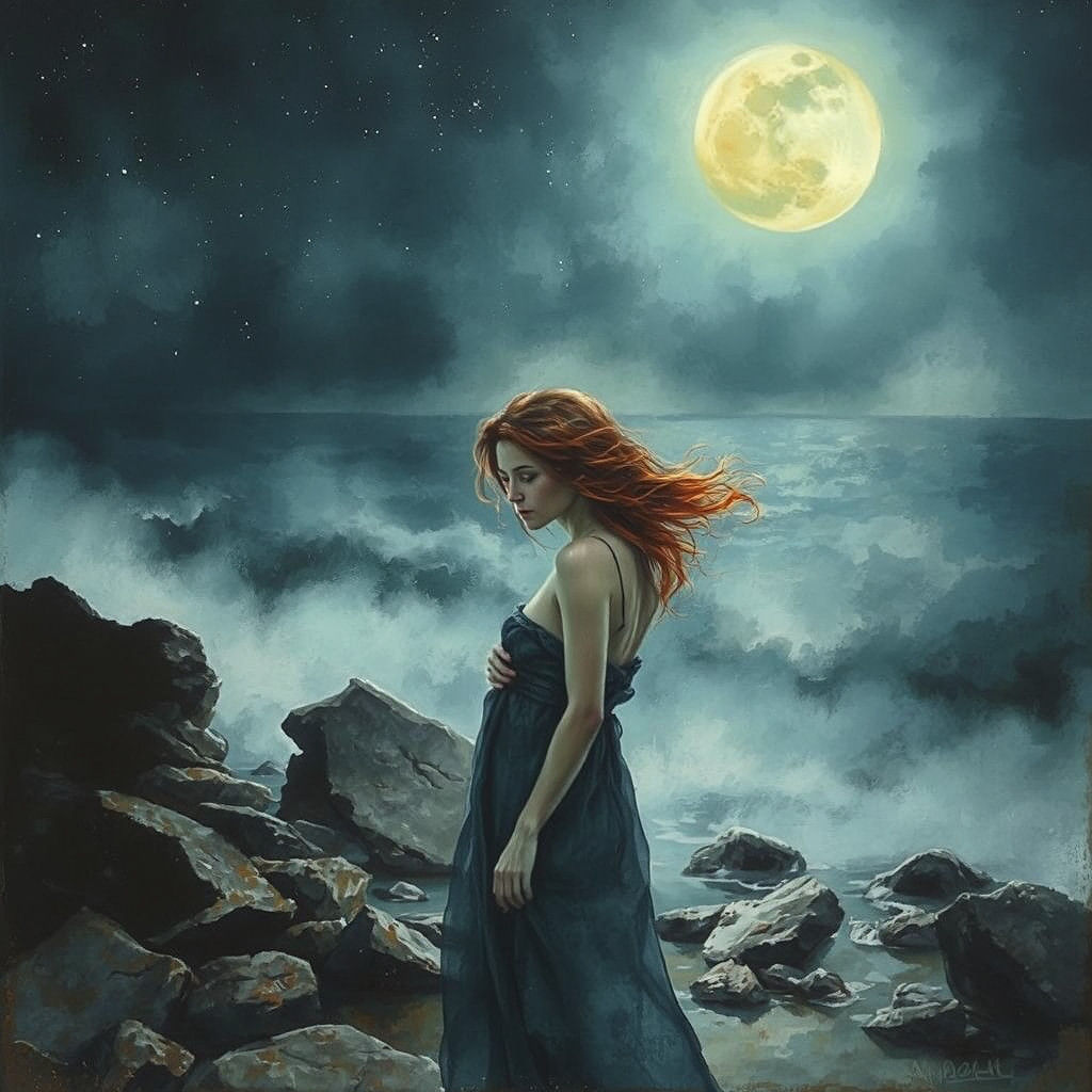 Forlorn Woman in Sea Fog, Watercolor and Ink