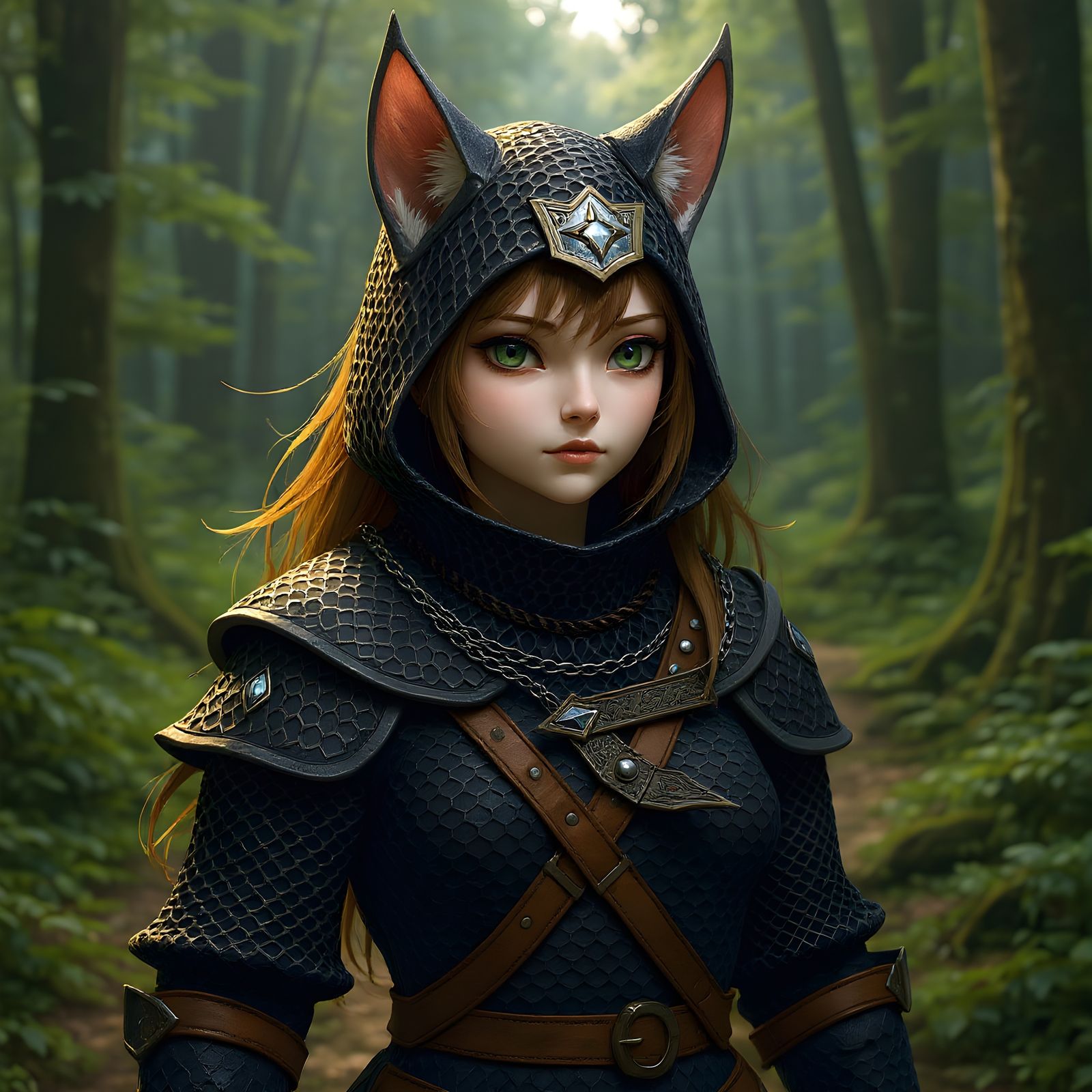 A catgirl in a chainmail hauberk