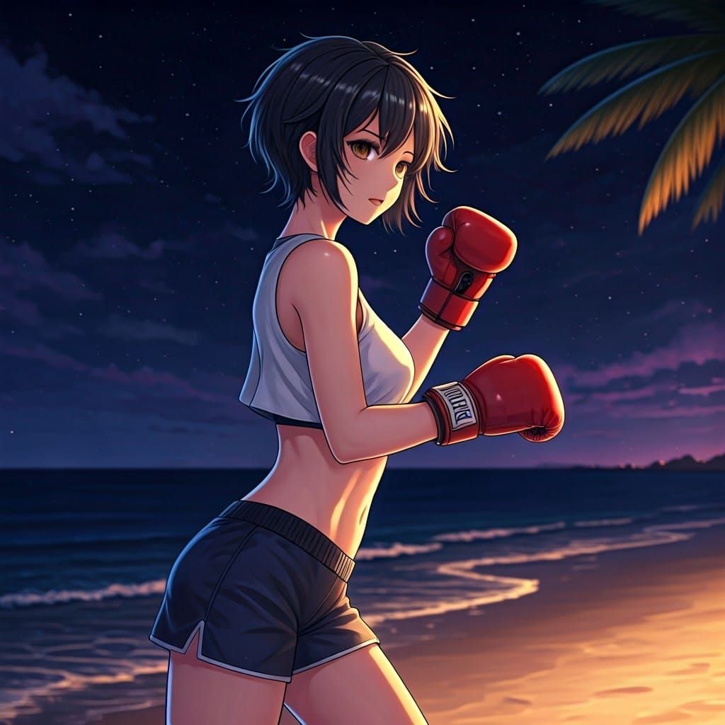 Anime Boxer Training on Beach at Night