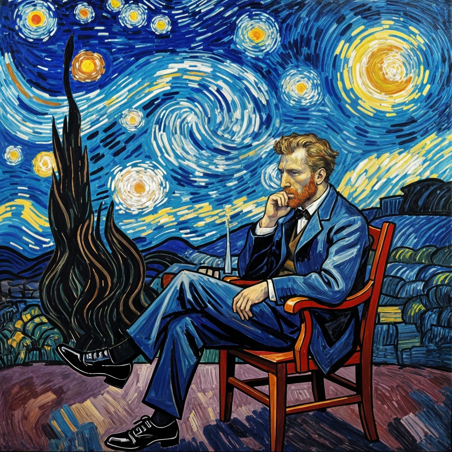 Stressed Man in Chair Amidst Abstract Thought Patterns