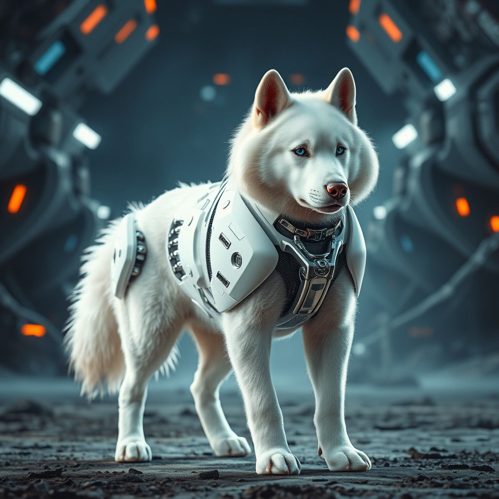 Futuristic Siberian Husky Akita Mix in Sci-Fi Scene