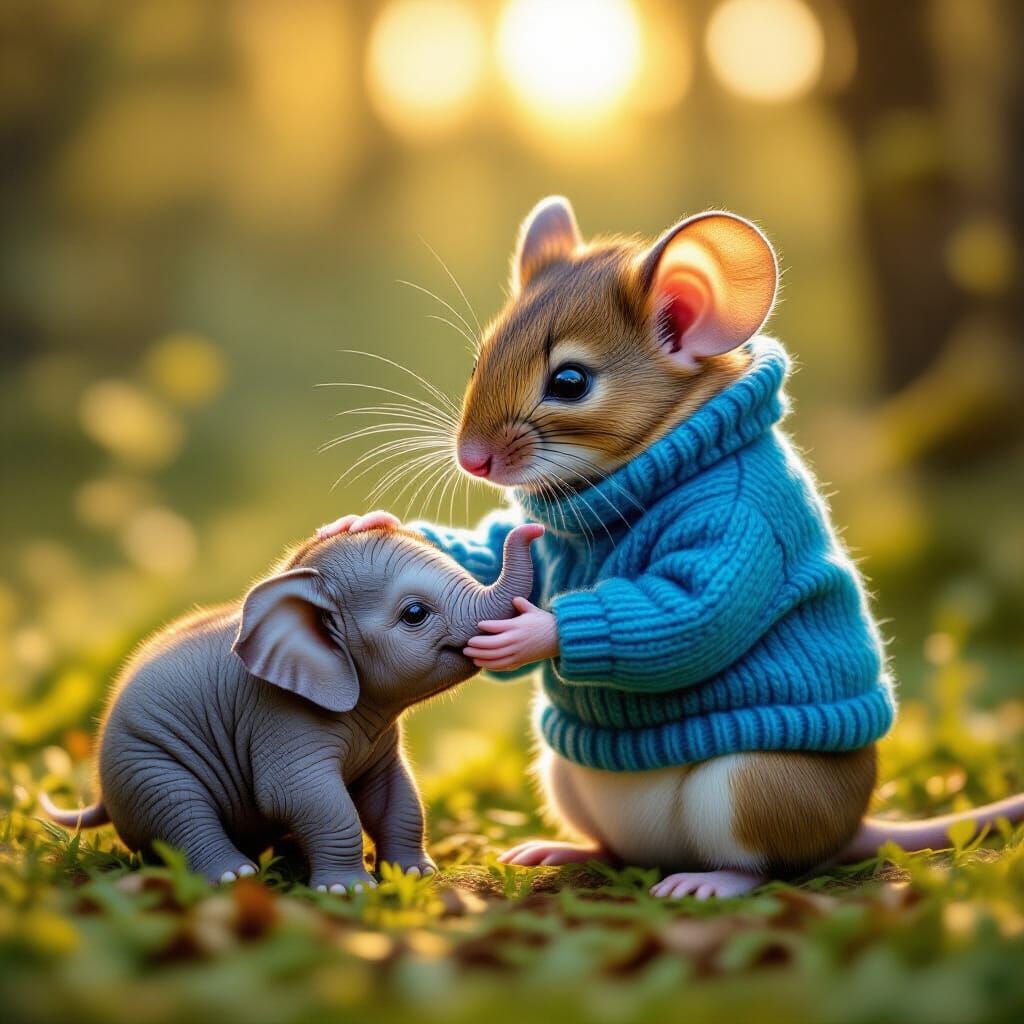 Tall Mouse in Sweater Pets Baby Elephant in Forest