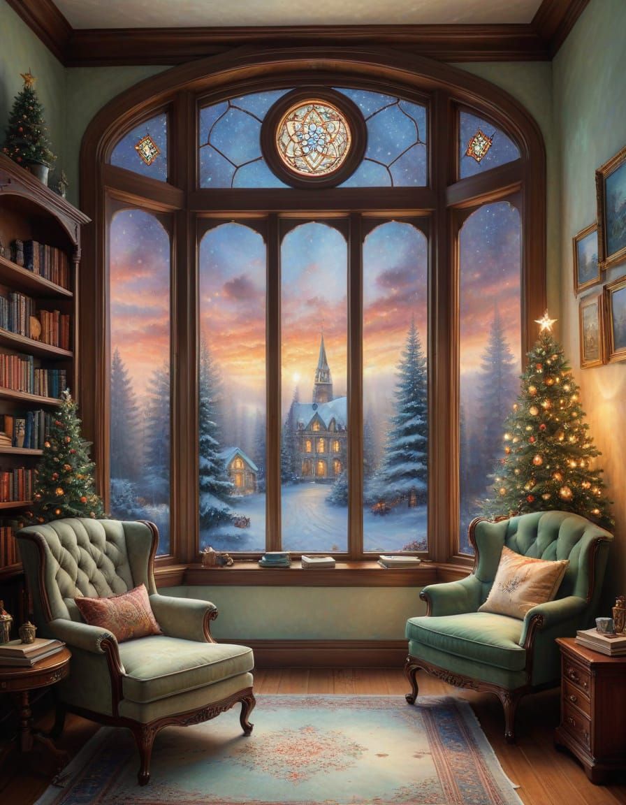 Watercolour Bay Window with Christmas Tree