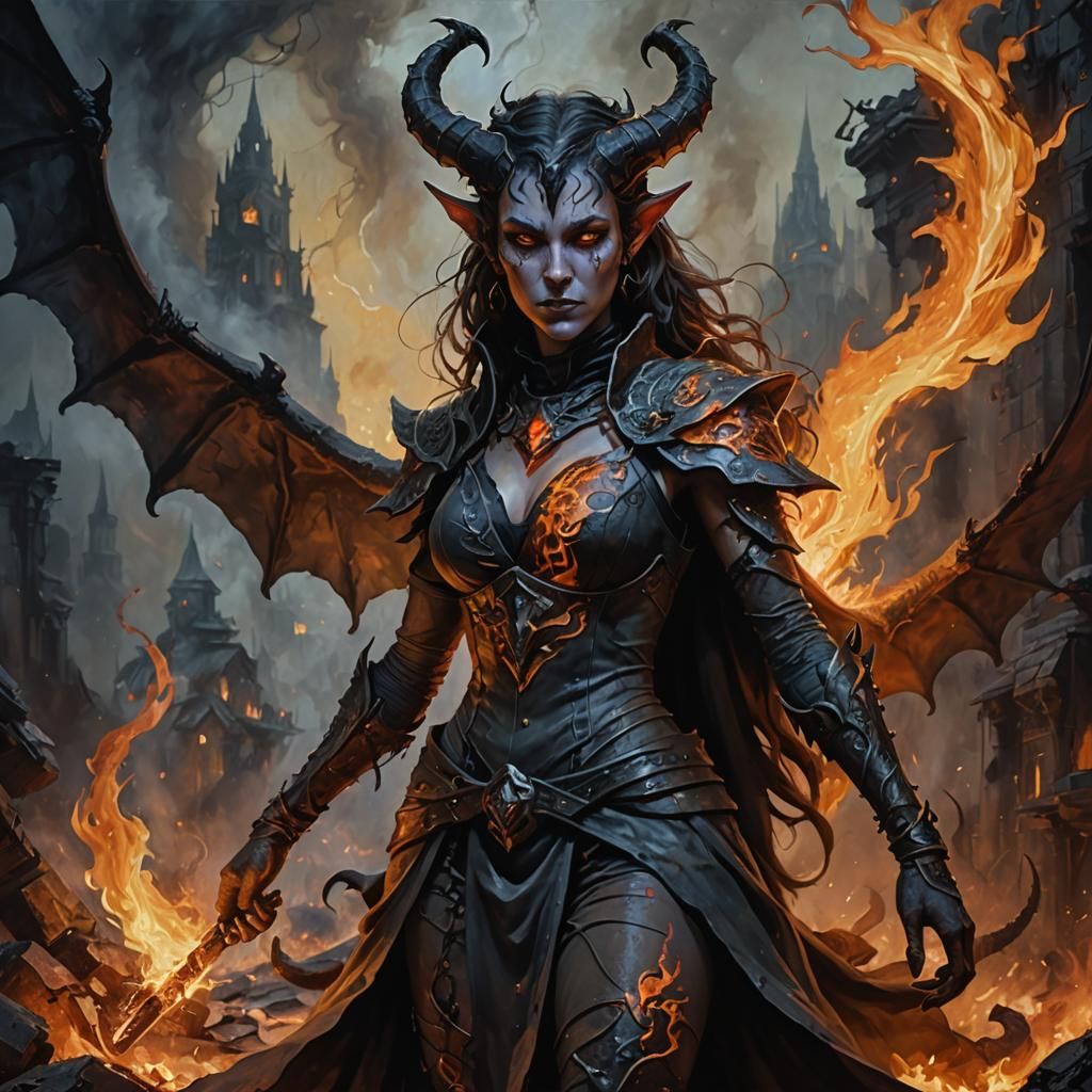 Tiefling Warlock in Ashes: Dramatic Oil Painting