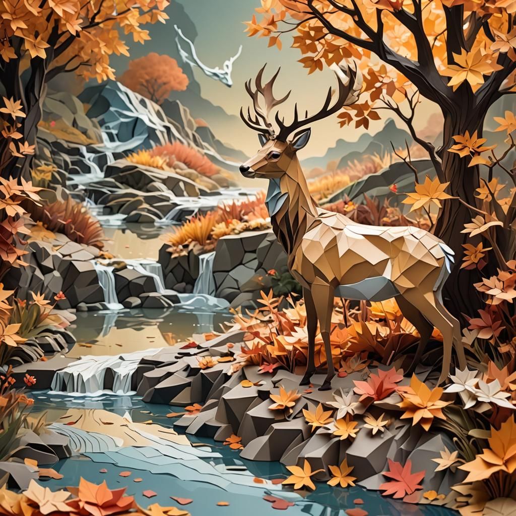 Majestic Stag in Origami Papercraft Landscape