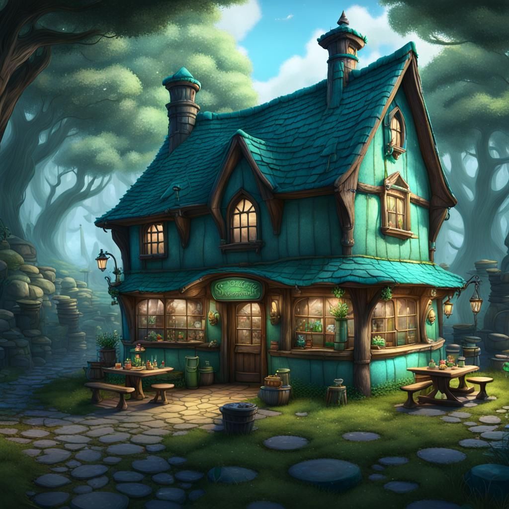 Quaint Fairy Cake Shop in Dark Fantasy Style