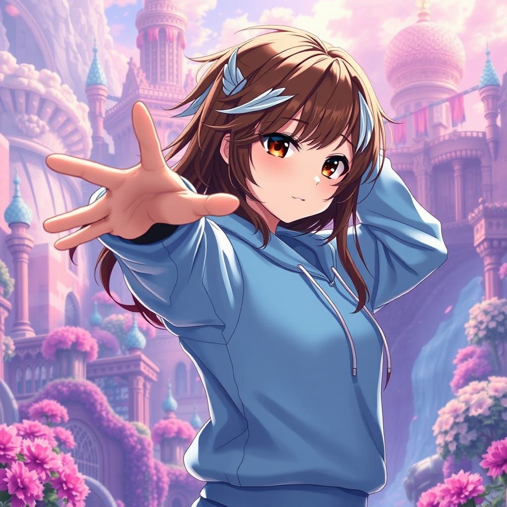 Anime Girl Dabbing in Surreal Fantasy Landscape