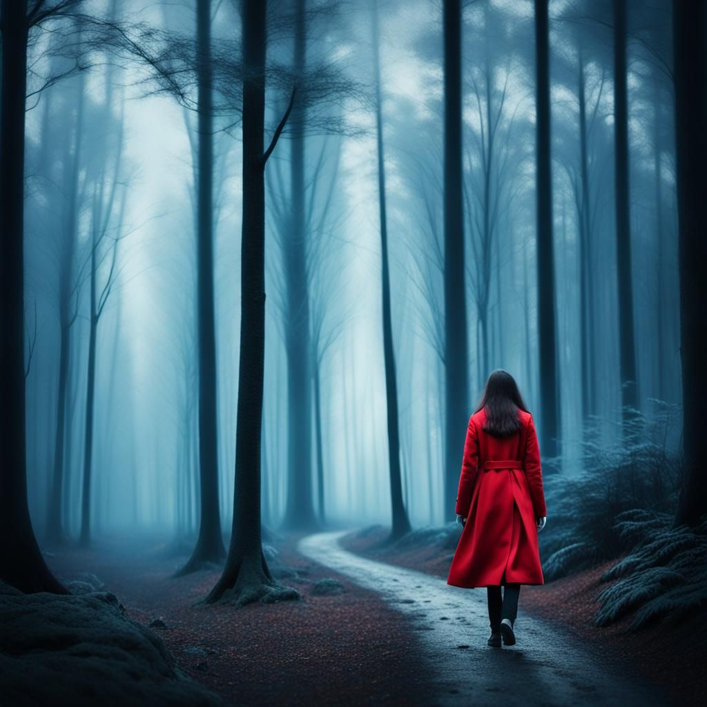 Monochromatic Blue Forest with Woman in Red Coat