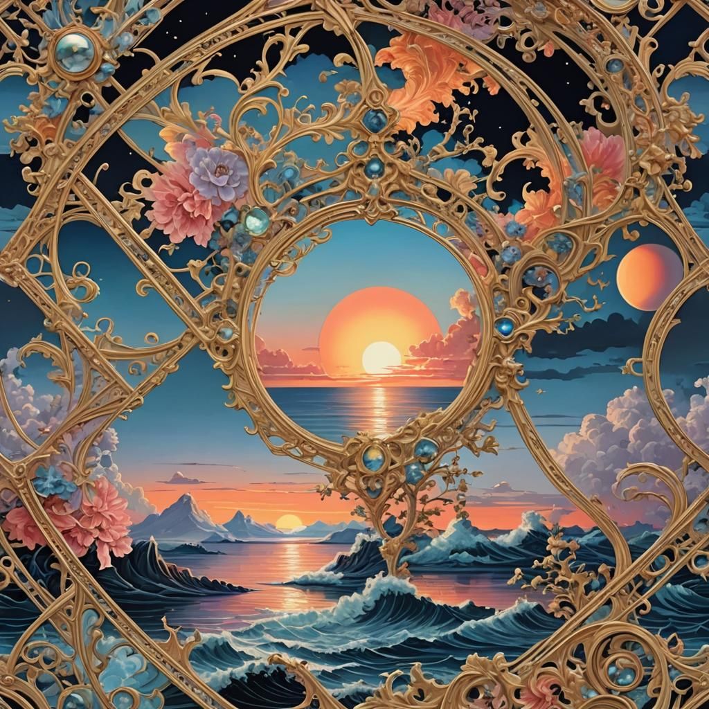 Baroque Sunset Seascape with Geometric Details