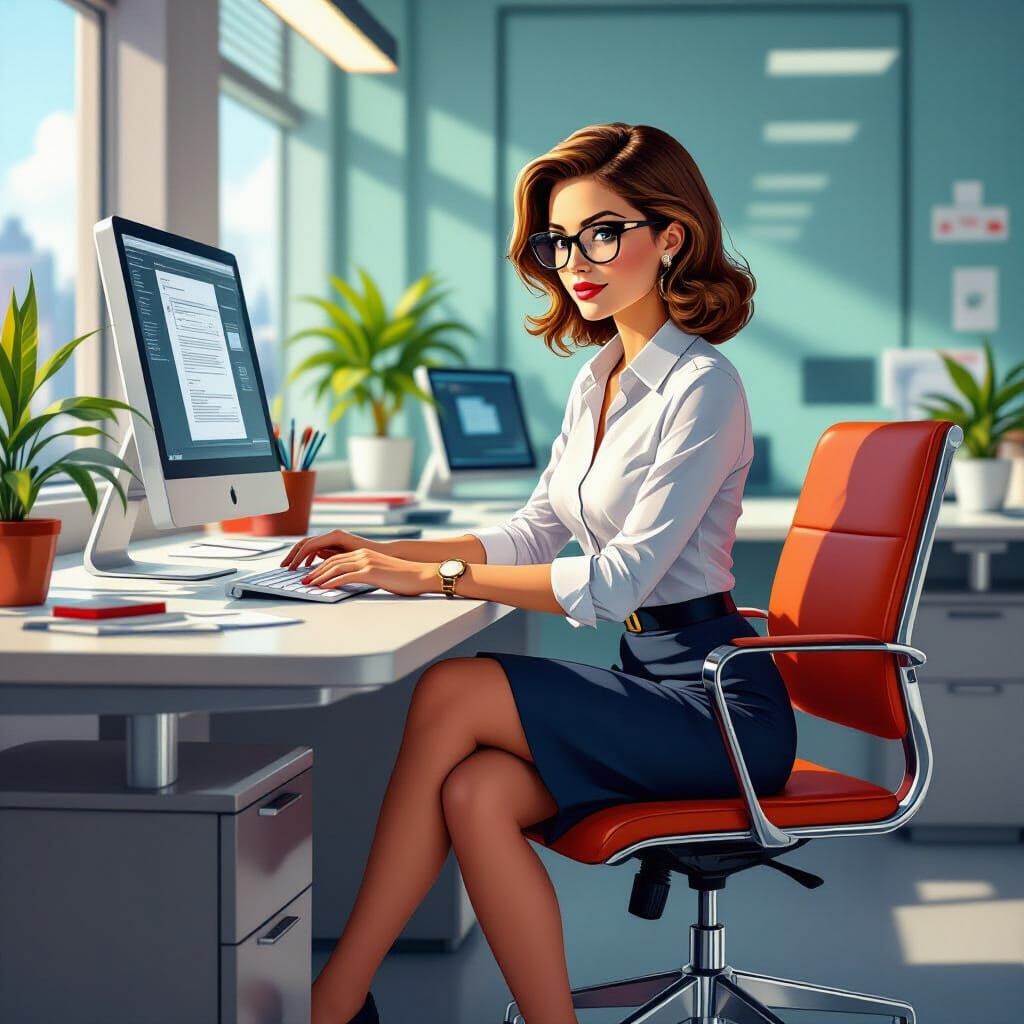 Retro Secretary in Modern Office, Syd Mead Style