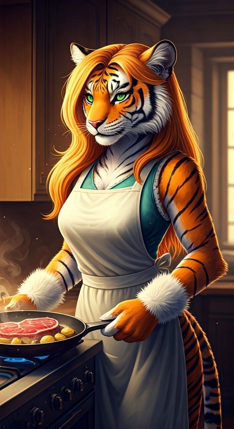 Sleek Tigress Cooks Dinner in Whimsical Kitchen