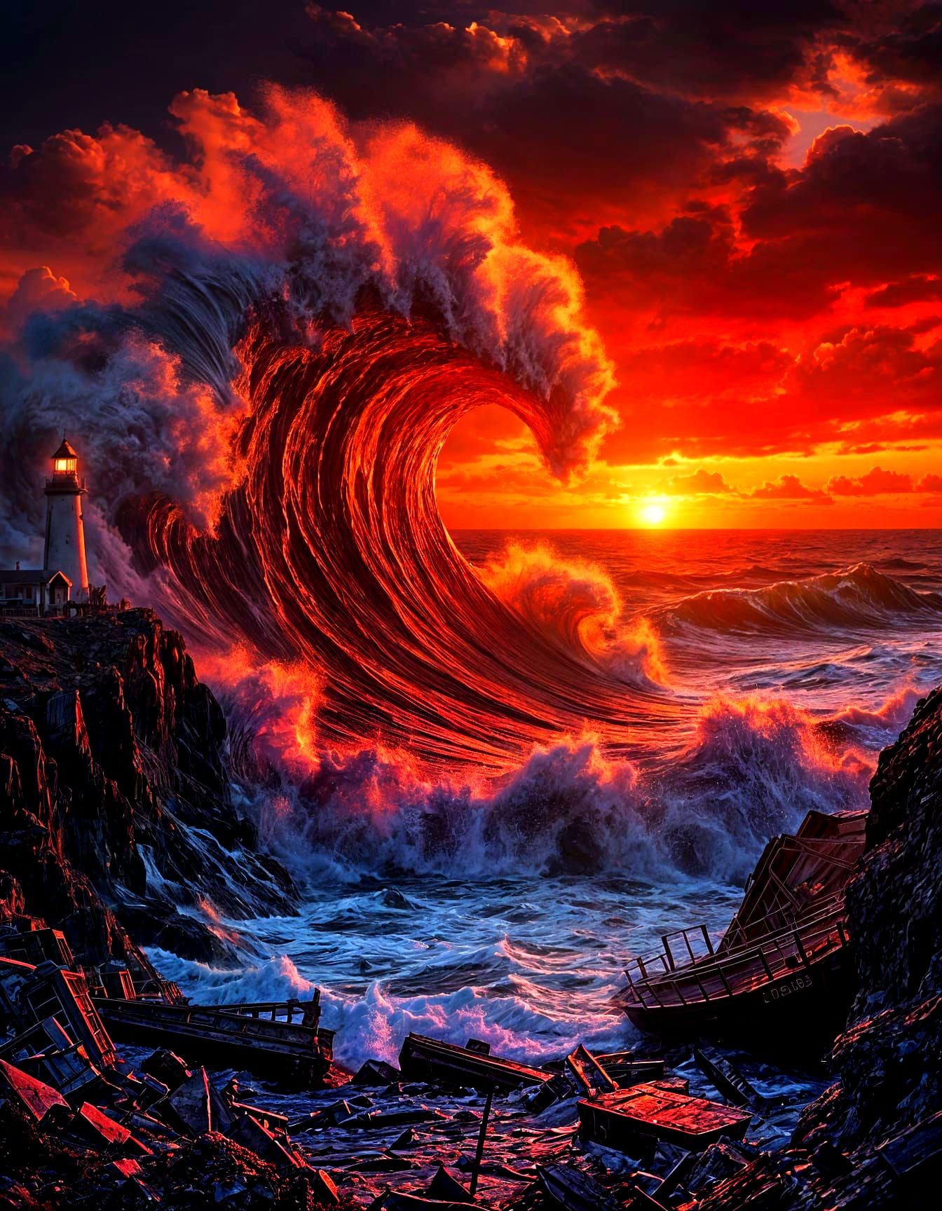 Crimson Wave Crashing on Rocky Coastline at Sunset
